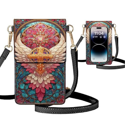 Small Crossbody Bags for Women Touchscreen Cell Phone Bag Cross Body Purses with adjustable Strap,Gifts For Teenage Girls - color: Stained Glass Wings Cross