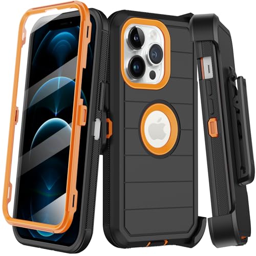 KECAI for iPhone 12 Pro Max Case with Built-in Screen Protector,Belt Clip Holster,Heavy Duty Shockproof Drop Protection Military Grade Full Body Rugged Phone Cover with Kickstand (Black Orange) - color: Black/Orange, size: for iPhone 12 Pro Max 6.7"