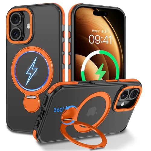 DUEDUE for iPhone 17 Case with 360°Spin Magnetic Stand[Compatible with MagSafe][Rotatable Ring Holder], Translucent Cover Slim Protection Cases for iPhone 17 6.3", Orange/Black - color: Orange/Black, size: for iPhone 17 6.3"