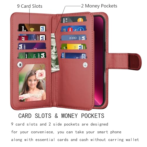 NJJEX Compatible with iPhone 16 Pro Max Wallet Case, 9 Card Slots, Wine Red | PU leather folio flip, detachable magnetic phone cover, integrated kickstand, included lanyard - color: Wine Red, size: iPhone 16 Pro Max