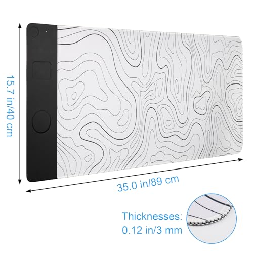 VOVIPO 3 in 1 Wireless Charging Mouse Pad, Desk Mat with Wireless Charger Multiple Devices Compitable with Watch/iPhone, White Topographic Large Desk Mat(90 x 40cm) for MacBook, PC, Laptop - color: White Topographic