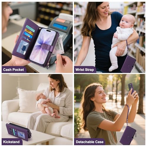 Magnetic Case for iPhone 13 Pro Max Wallet Compatible with Magsafe RFID Blocking Card Holder Detachable Phone Cover Kickstand Snap Strap Zipper Pocket PU Leather 6.7 inch (Purple) - color: Purple, size: iPhone 13 Pro Max