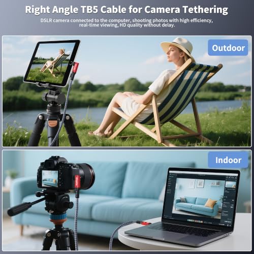 USB C Camera Tethering Cable for Right Angle Thunderbolt 5 Cable 1 FT, 120Gbps Bandwidth, 80Gbps, 240W, 8K@165Hz, 4K@540Hz for Thunderbolt 4, iPhone 17, USB4, Canon, Sony, Nikon, Fuji, Mac mini M4 - size: Right Angle 1FT