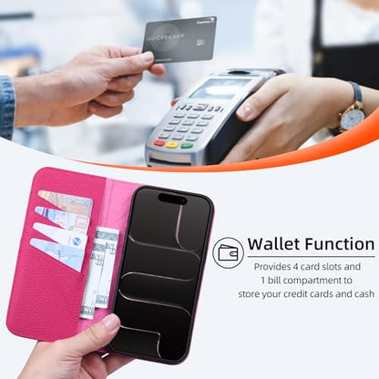 VISOUL Pebbled Leather Wallet Case for iPhone 17 Pro Max 6.9" 2025, Genuine Leather Flip Folio Cover with RFID Blocking Card Holders, Kickstand, Soft TPU Protective Flip Cover -Black+Peach Red - color: Black+Peach Red