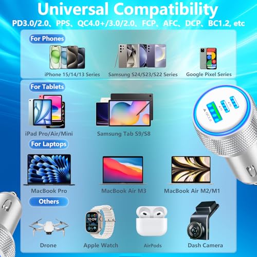 2Pack 67W USB C Car Charger, Rombica 3-Port Car Phone Charger Fast Charging - color: Bright Silver