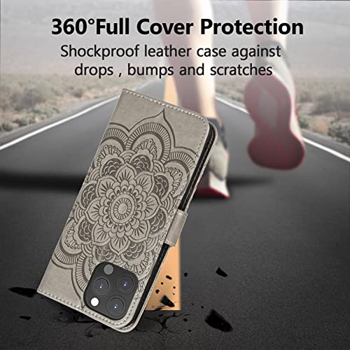 EYZUTAK Case for iPhone 13 Pro, Premium PU Leather Magnetic Flip Wallet Case with Card Holder Cash Slot Lanyard Strap Kickstand Function Embossed Mandala Flower Pattern Shockproof Cover - Gray - color: Gray, size: iPhone 13 Pro