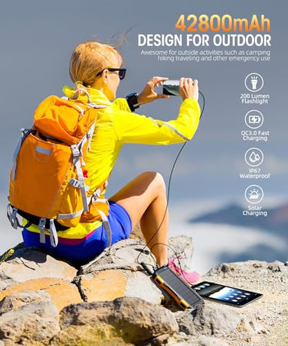 Mregb Solar Charger Power Bank 42800mAh, Portable Charger, Solar Power Bank,External Battery Pack 5V3.1A Qc 3.0 Fast Charger Built-in Super Bright Flashlight (Orange) - color: Orange