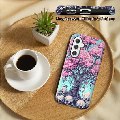 Cherry Blossom Skull Phone Case for Samsung Galaxy S25, Dual Layer Shockproof Rugged Cover with Soft TPU + Hard PC, Anti-Scratch Slim Fit Wireless Charging Compatible - color: Cherry Blossom Skull, size: 6.2" Galaxy S25