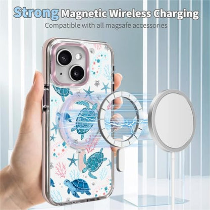 VisEnt Clear Case for iPhone 14, Magnetic Phone Case, Transparent Slim Cover, Military Grade Protection, Shockproof, Anti-Yellowing, Scratch Resistant, Sea Turtle Paisley - color: Sea Turtle Paisley, size: Iphone 14