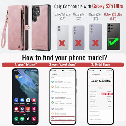 Defencase for Galaxy S25 Ultra Case Wallet Compatible with Magsafe, Pink | Magnetic Detachable, RFID Bolcking Card Holder, Zipper Strap, PU Leather Drop-Proof Phone Cover for Samsung Galaxy S25 Ultra - color: (Detachable with Magsafe)-Pink