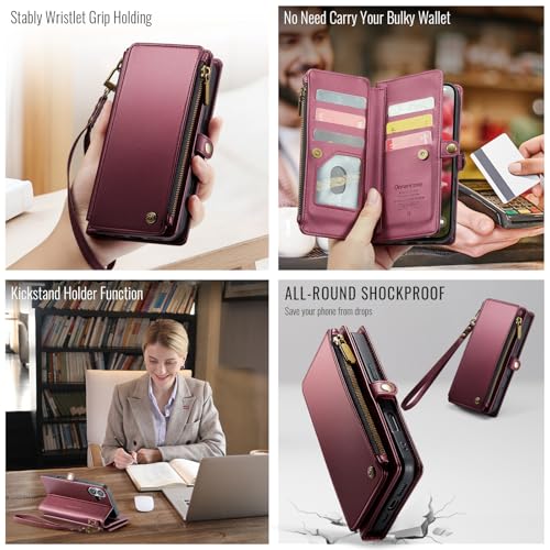 Defencase for iPhone 17 Wallet Case with RFID Blocking Card Holder, WineRed | Durable Soft PU Leather, with Zipper Pocket, Wrist Strap, Fashion Snap Flip Phone Cases Cover with Stand for Women and Men - color: Wine Red