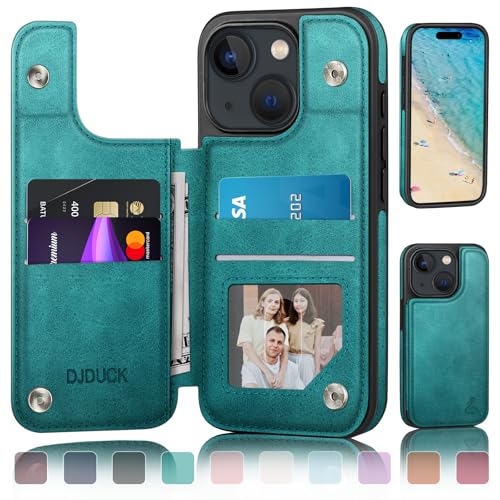 DJDUCK Designed for iPhone 15 Case Wallet with Card Holder, [Magnetic Clasp Cover] [RFID Blocking Leather Protection] Shockproof Women Men Cases 6.1 Inch for Apple 15 Blue Green - color: Blue Green