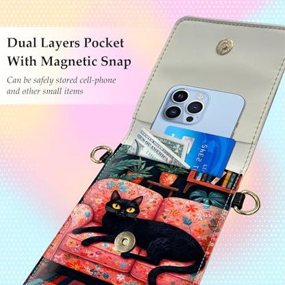 Small Crossbody Bags for Women Touchscreen Cell Phone Bag Cross Body Purses with adjustable Strap,Gifts For Teenage Girls - color: Black Cat Floral Sofa