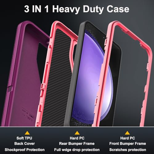for Samsung Galaxy S23 FE Case with 2Pcs Tempered Glass Screen Protector and 1Pcs Camera Lens Protector, 3 in 1 Heavy Duty Shockproof/Drop Proof/Dust Proof Case (Wine Red/Rose Pink) - color: Wine Red/Rose Pink