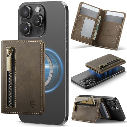 Strapurs Magnetic Card Holder Compatible with MagSafe Phones and Cases, PU Leather Phone Wallet for iPhone 17/16/15/14/13/12/Pro/Max/Plus/Air, 4 Card Slots RFID Blocking with Zipper Pocket - Brown - color: Brown