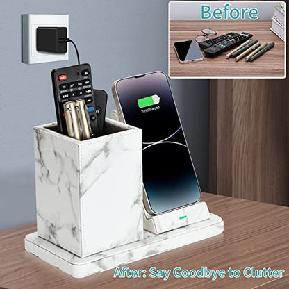 Wireless Charger with Desk Organizer, Wireless Charging Station for iPhone 13/13 Pro Max/13 Pro/12 Series/11/XS Max/XR/X/8Plus/SE 2, Wireless Charging Stand with Leather… (Marble) - color: Marble