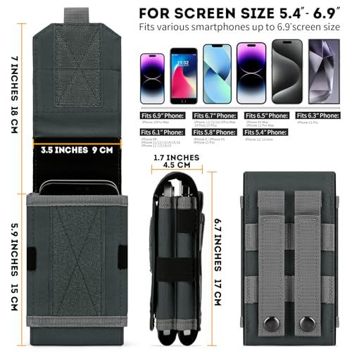 Dual Tactical Phone Pouch Molle Phone Holster Double Capacity Holder Universal Utility EDC Pouch for iPhone 17 Pro Max/17 Pro/16 Pro Max/16 Pro/15 Pro Max/15 - color: Gray-blue