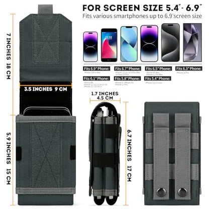 Dual Tactical Phone Pouch Molle Phone Holster Double Capacity Holder Universal Utility EDC Pouch for iPhone 17 Pro Max/17 Pro/16 Pro Max/16 Pro/15 Pro Max/15 - color: Gray-blue