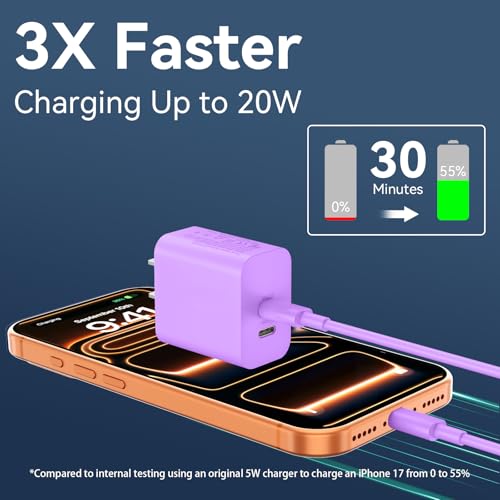 Phone 17 16 15 Charger USB C Wall Charger Block with 10FT USB C Fast Charging Cable for Phone 17 16 15/16 15 Plus/16 15 Pro/17 16 15 Pro Max - color: purple, size: 10 Feet