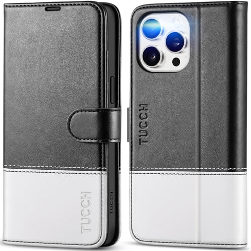 TUCCH Case Wallet for iPhone 15 (6.1"), RFID Blocking Folio, Black & White | 4 Card Holders, Kickstand, PU Leather, Magnetic Closure, Shockproof TPU Shell, Protective Flip Cover - color: Black & White