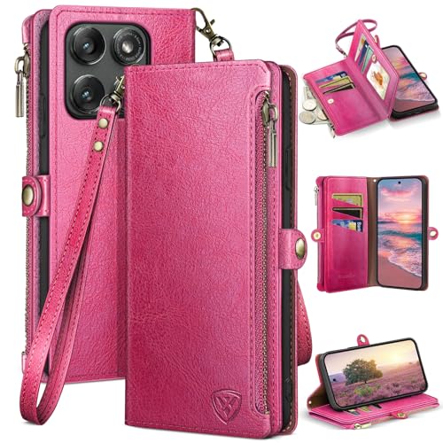 XcaseBar Compatible with ‌Moto Edge 5G 2025 Wallet case with Zipper Credit Card Holder【RFID Blocking】,Flip Folio Book PU Leather Phone case Shockproof Cover Women Men for Mote Edge 2025 case Rose Red - color: Rose Red