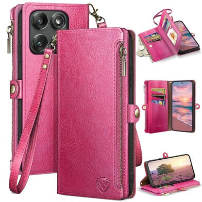 XcaseBar Compatible with ‌Moto Edge 5G 2025 Wallet case with Zipper Credit Card Holder【RFID Blocking】,Flip Folio Book PU Leather Phone case Shockproof Cover Women Men for Mote Edge 2025 case Rose Red - color: Rose Red