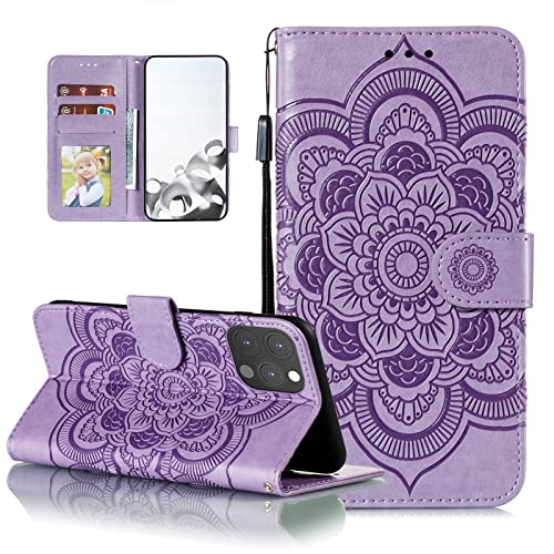 EYZUTAK Case for iPhone 13 Pro, Premium PU Leather Magnetic Flip Wallet Case with Card Holder Cash Slot Lanyard Strap Kickstand Function Embossed Mandala Flower Pattern Shockproof Cover - Purple - color: Purple, size: iPhone 13 Pro