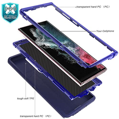 YmhxcY for S22 Ultra Case, Drop Proof 3-Layer Durable Cover/Shockproof Armor Drop Protection/Solid Rubber Protective Matte Cover for Galaxy S22 Ultra 6.8”-Sapphire Blue/Dark Blue - color: Sapphire blue and Dark blue