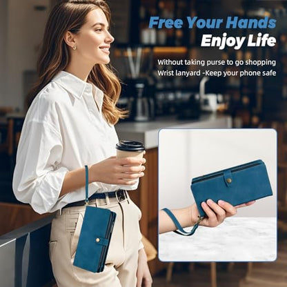 TwoHead for iPhone 11 Wallet case with 11 Card Holder (Navy Blue) | Detachable Magnetic Phone Case, PU Leather Wallet for Women/Men,Wireless Charging Compatible,with Wrist Strap - color: Navy Blue