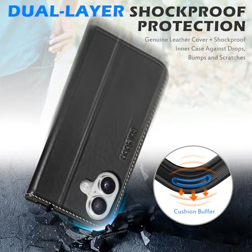 SHIELDON Genuine Leather Wallet Case for iPhone 17 6.3" 2025, Retro Black | Magnetic Closure, RFID Blocking, Credit Card Holder, Viewing Stand, Folio Design, Shockproof Protective Cover - color: Retro Black