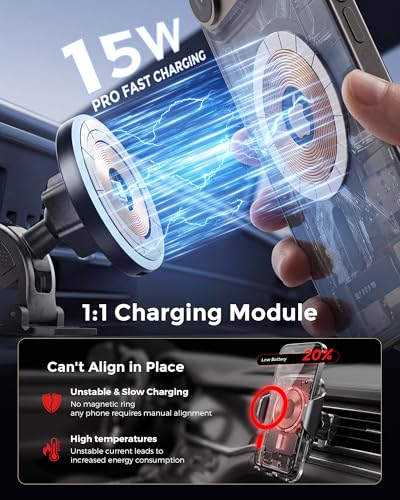 Estbuc 2-in-1 15W Magsafe Car Mount Charger, Magnetic Wireless Car Charger