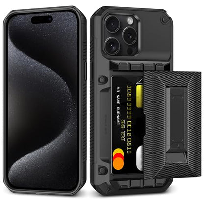 SAMONPOW for iPhone 15 Pro Case with Card Holder [4 Cards] &Kickstand Black - size: for iPhone 15 Pro