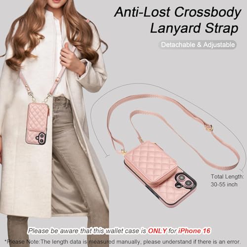 Bocasal Crossbody Wallet Case Card Holder for iPhone 16, Rose Gold | RFID Blocking PU Leather Zipper Handbag Purse, Kickstand Flip Folio Case with Card Slots Holder Wrist Strap Lanyard 6.1 Inch - color: Rose Gold