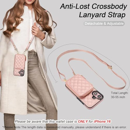 Bocasal Crossbody Wallet Case Card Holder for iPhone 16, Rose Gold | RFID Blocking PU Leather Zipper Handbag Purse, Kickstand Flip Folio Case with Card Slots Holder Wrist Strap Lanyard 6.1 Inch - color: Rose Gold