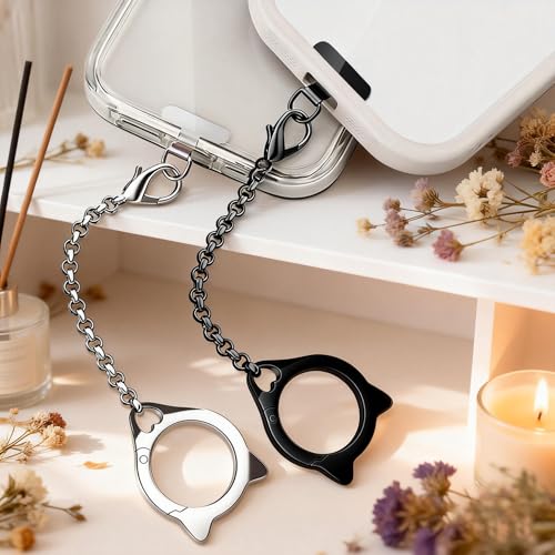 Metal Cat Head Phone Finger Grip Ring Chain Lanyard Keychain Holder Charm - color: Black