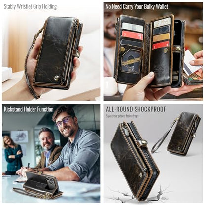 Defencase for iPhone 17 Pro Max Wallet Case with RFID Card Holder, Coffee | Durable Soft PU Leather, with Zipper Pocket, Wrist Strap, Fashion Snap Flip Phone Cases Cover with Stand for Women and Men - color: Coffee