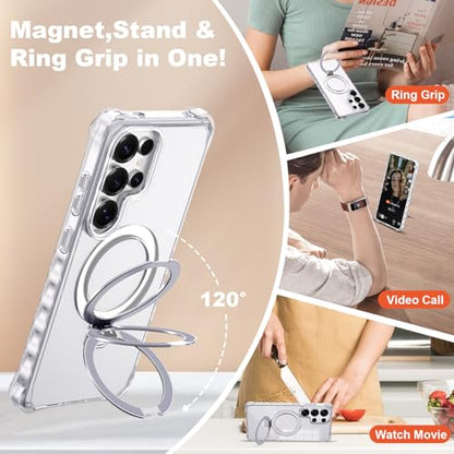 Compatible with Clear Samsung Galaxy S25 Ultra Case 6.9'' with Magnetic Ring Stand [Compatible with Mag-Safe] Military-Grade Wave Frame Phone Case for S25 Ultra, Clear - color: Clear, size: Samsung Galaxy S25 Ultra