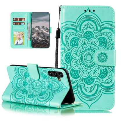 EYZUTAK Case for Samsung Galaxy A15 4G/5G, Premium Leather Magnetic Closure Flip Wallet Phone Case with Card Holder Cash Slot Stand Function Embossed Mandala Flower Shockproof Lanyard Cover - Green - color: Green, size: Samsung Galaxy A15 4G/5G