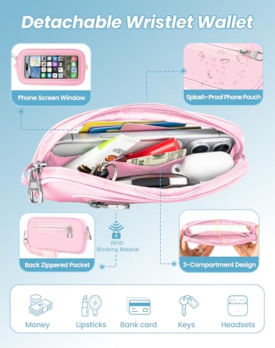 SHANSHUI Clip and Go Phone Lanyard Wallet, Hands Free Crossbody Strap with Zipper Pocket & ID Window, Includes 2 Metal Tether Pads for Phones, Keys, Earphones, Accessories Pink - color: Pink