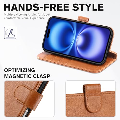 TUCCH Wallet Case for iPhone 16 (6.1") 2024, 4 Card Holders, Light Brown | RFID Blocking, Viewing Stand, Shockproof TPU Shell, PU Leather, Magnetic Closure, Protective Folio Flip Cover - color: Textured Light Brown