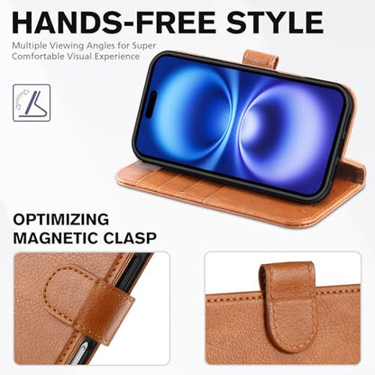 TUCCH Wallet Case for iPhone 16 (6.1") 2024, 4 Card Holders, Light Brown | RFID Blocking, Viewing Stand, Shockproof TPU Shell, PU Leather, Magnetic Closure, Protective Folio Flip Cover - color: Textured Light Brown