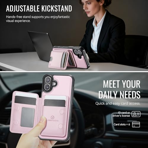 WJX for iPhone 16 Plus MagSafe Wallet Case, 2-in-1 Detachable Luxury Card Holder, Universal MagSafe Compatible, RFID Blocking, Shockproof Kickstand Slim Cover， Strawberry Pink - color: Strawberry Pink, size: iPone 16 Plus