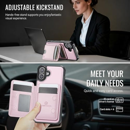 WJX for iPhone 16 Plus MagSafe Wallet Case, 2-in-1 Detachable Luxury Card Holder, Universal MagSafe Compatible, RFID Blocking, Shockproof Kickstand Slim Cover， Strawberry Pink - color: Strawberry Pink, size: iPone 16 Plus