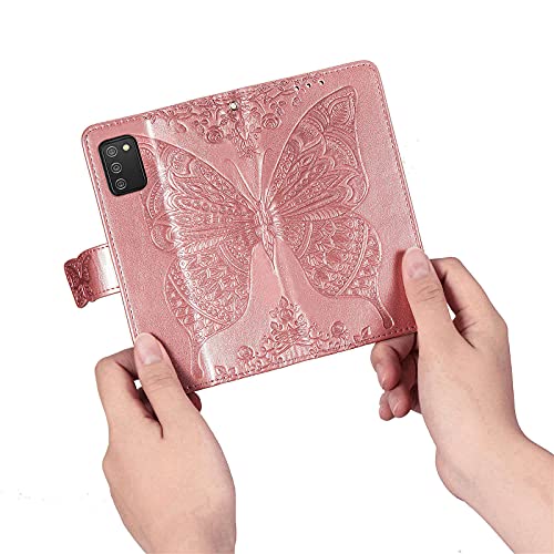 Wallet Case for Samsung Galaxy A03s with Card Holder Pink | PU Leather Flip Phone Cover,Wrist Strap,Woman Man Purse,Emboss Butterfly Flower,Stand,Shockproof TPU Shell, Magnetic Closure - color: B Pink