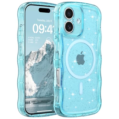 FABSPARK Glitter Case for iPhone 16,Fit for MagSafe,Blue | Magnetic Curly Wavy Frame | Sparkly Bling Glitter | Transparent Clear Acrylic Hard PC for iPhone 16,Blue - color: Glitter Clear Blue, size: for iPhone 16