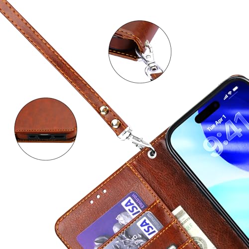 Bocasal Detachable Wallet Case Card Holder for iPhone 17 Pro, Brown | RFID Blocking Kickstand Card Slots Holder PU Leather Magnetic Shockproof Wrist Strap Removable Flip Protective Cover 6.3 inch - color: Brown