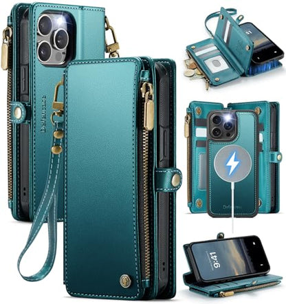 Defencase for iPhone 15 Pro Case Wallet Compatible with Magsafe, Blue Green | Drop-Proof Magnetic Detachable Phone Cases Cover, with RFID Bolcking Card Holder, Zipper Strap, PU Leather, Removable Wallet - color: (Detachable with Magsafe)-Blue Green