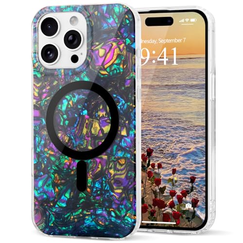 for iPhone 15 Pro Max Cute Girly Women Case Sparkle Seashell,Black | Compatible with Magsafe Slim Colorful Sparkle Seashell Pattern Translucent Cover Soft TPU Protective Magnetic Bumper Case - color: Black, size: iPhone 15 Pro Max