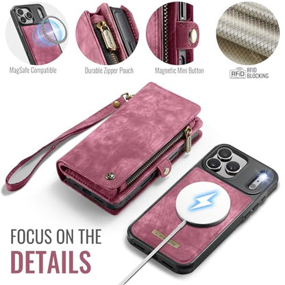 Compatible with iPhone 17 Pro Wallet Case with Magsafe,Red | Magnetic Detachable Case,Card Holder,Zipper Pocket,Strap Wristlet, Soft Leather Drop-Proof Phone Case for iPhone 17 Pro 6.3" - color: (Detachable and Magsafe)-Red, size: iPhone 17 Pro 6.3 Inch