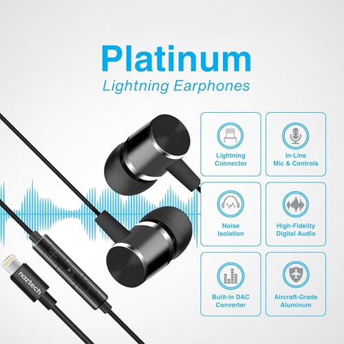 Naztech Platinum Lightning Wired iPhone Headphones - MFi Wired Earbuds for iPhone, iPad & iPod, Premium Noise Isolating Fit with in-Line Controls and Mic, Black